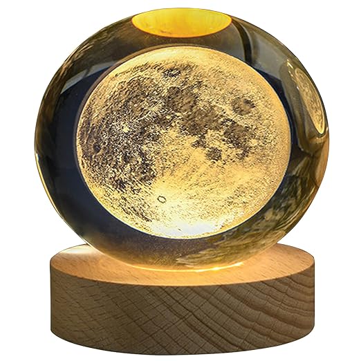KAZETEC 3D Crystal Ball LED Moon Night Light,3D Laser Engraving, Magical Decoration Warm Light