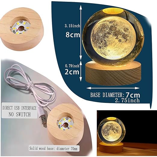 KAZETEC 3D Crystal Ball LED Moon Night Light,3D Laser Engraving, Magical Decoration Warm Light