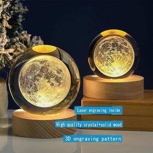 KAZETEC 3D Crystal Ball LED Moon Night Light,3D Laser Engraving, Magical Decoration Warm Light