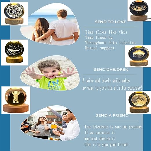 KAZETEC 3D Crystal Ball LED Moon Night Light,3D Laser Engraving, Magical Decoration Warm Light