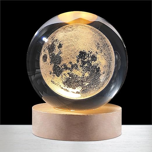 KAZETEC 3D Crystal Ball LED Moon Night Light,3D Laser Engraving, Magical Decoration Warm Light